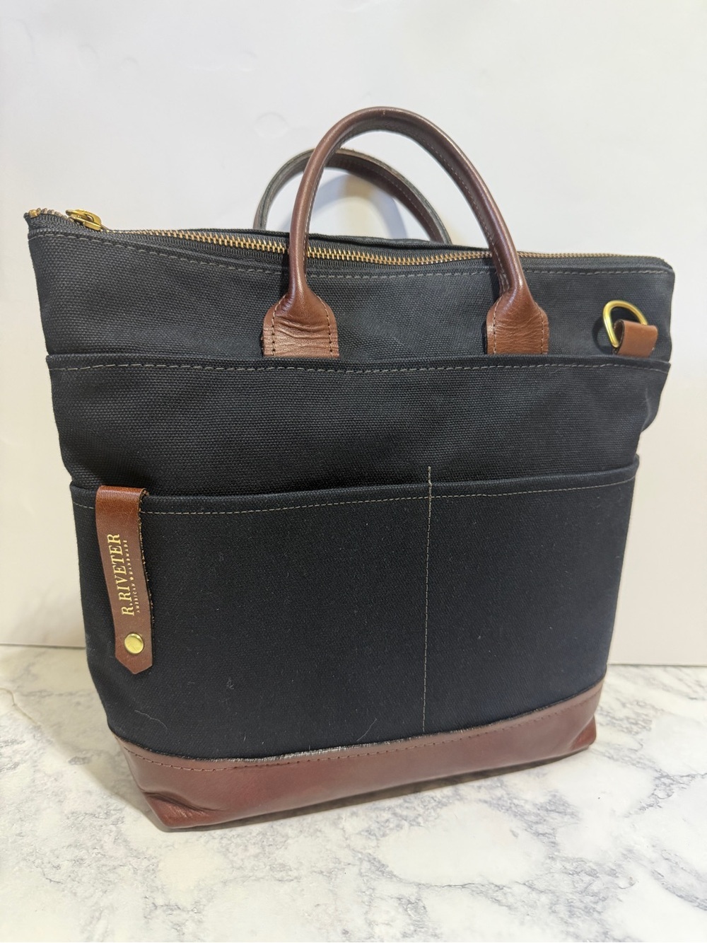 R.Riveter Otto tote Black Washed Canvas + Brown Leather bag